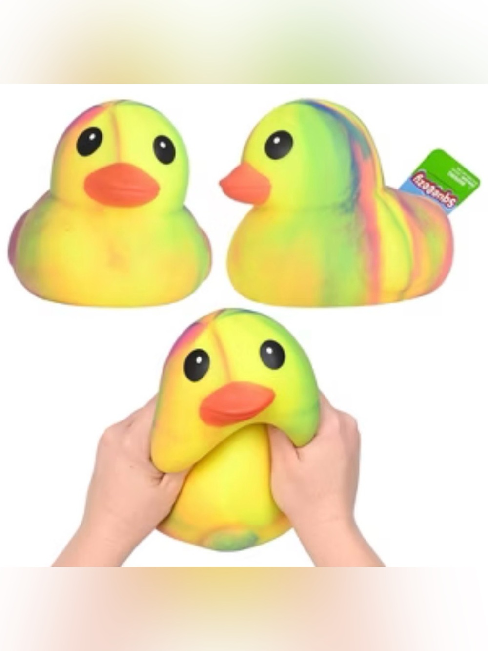 Rainbow Squishy Duck Toy - Neon Yellow with Multicolor Accents
